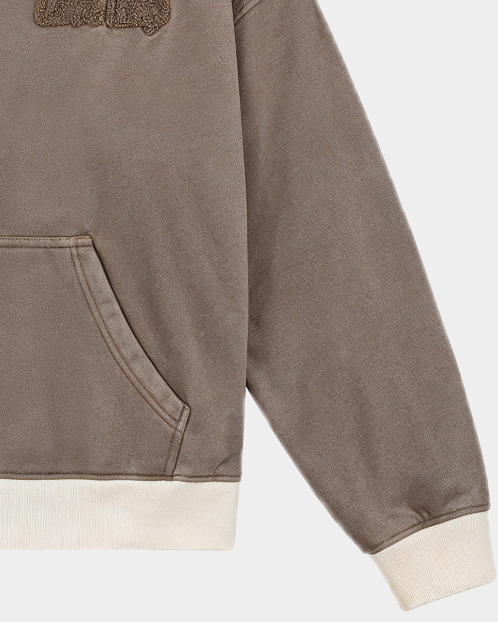 LL Hoodie Mocca by Loveloop – detail of washed fabric, kangaroo pocket and sleeve